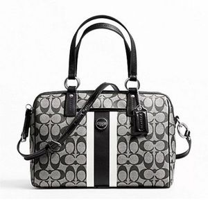 COACH HERITAGE SIGNATURE STRIPE ZIP SATCHEL BLACK #14478 NEW